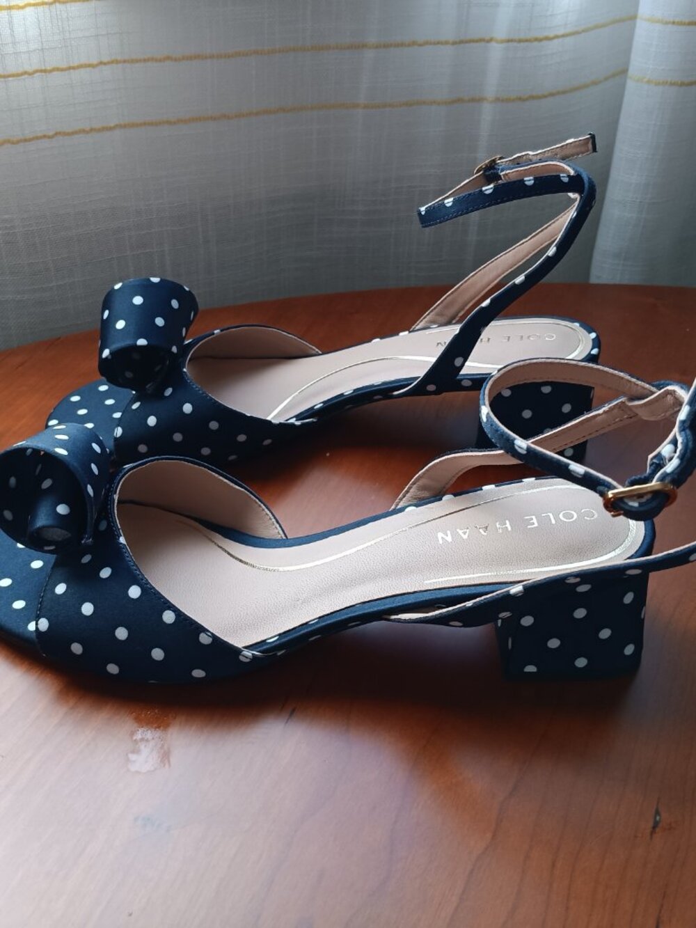 NWT Cole Haan Florette Navy & White Polka Dot Ankle Strap Block Heel Sandal - Picture 2 of 9